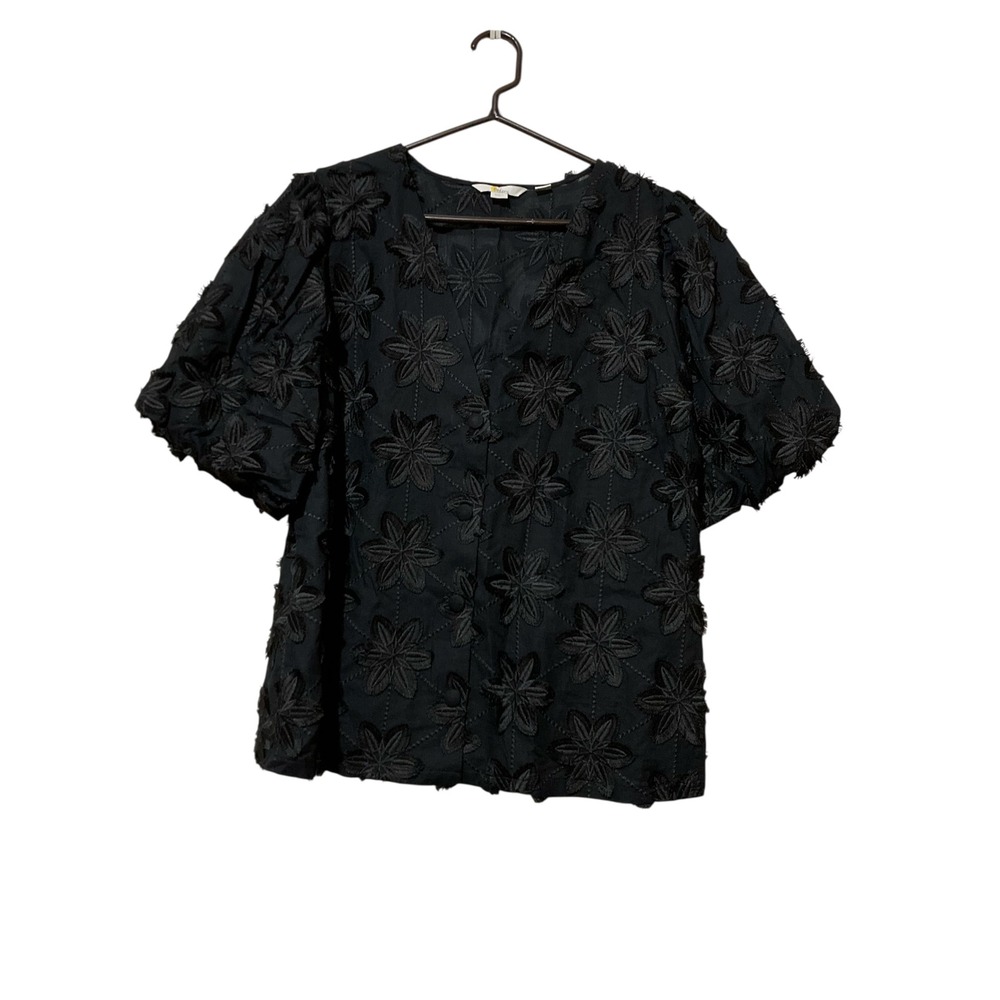 Boden Black Floral Embroidered V-Neck Puff Sleeve Blouse US 16/18 UK 20